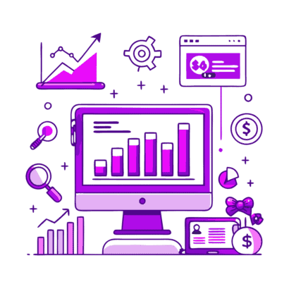 Grafik eines Computermonitors mit Balkendiagramm, das das Wachstum von Marketing-Kennzahlen darstellt, umgeben von Zahnrädern und mobilen Geräten. Symbolisiert die Automatisierung und Datenanalyse durch KI im Performance Marketing