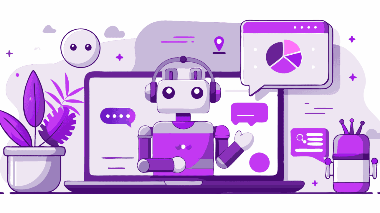 Illustration eines KI-Roboters mit Headset auf einem Laptopbildschirm, der Daten analysiert und Kunden unterstützt. Symbolisiert die Rolle der KI im Performance Marketing und Kundenservice für KMUs