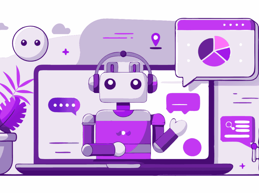 Illustration eines KI-Roboters mit Headset auf einem Laptopbildschirm, der Daten analysiert und Kunden unterstützt. Symbolisiert die Rolle der KI im Performance Marketing und Kundenservice für KMUs