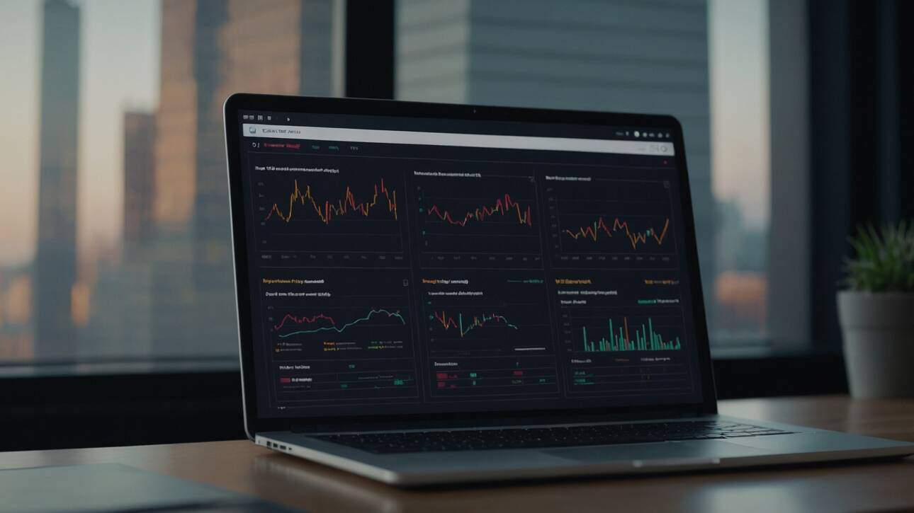 Ein Laptop auf einem Schreibtisch zeigt ein Dashboard mit mehreren Diagrammen und Metriken an, die auf die Analyse von Website-Daten hinweisen.