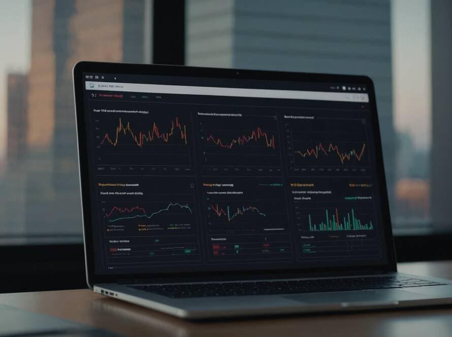 Ein Laptop auf einem Schreibtisch zeigt ein Dashboard mit mehreren Diagrammen und Metriken an, die auf die Analyse von Website-Daten hinweisen.