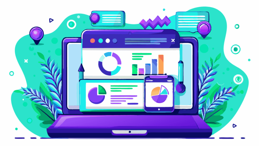 Ein farbenfrohes Bild eines Laptops, auf dessen Bildschirm verschiedene Diagramme und Grafiken angezeigt werden. Das Bild symbolisiert die Analyse der Digital-Performance-Leistung und Datenvisualisierung.