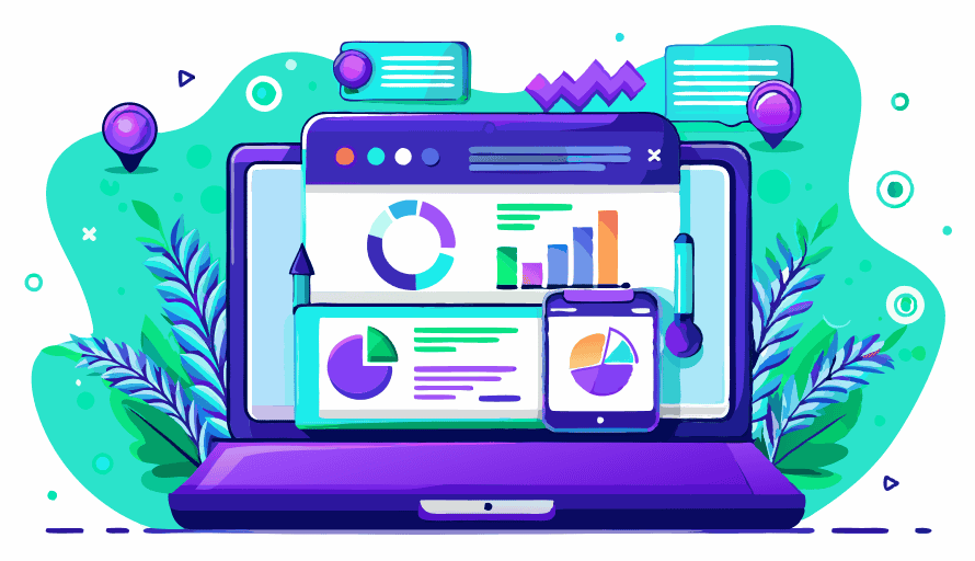 Ein farbenfrohes Bild eines Laptops, auf dessen Bildschirm verschiedene Diagramme und Grafiken angezeigt werden. Das Bild symbolisiert die Analyse der Digital-Performance-Leistung und Datenvisualisierung.