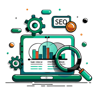 Illustration of a laptop displaying a bar chart and analytics, surrounded by SEO-related icons such as gears, magnifying glass, and 'SEO' label