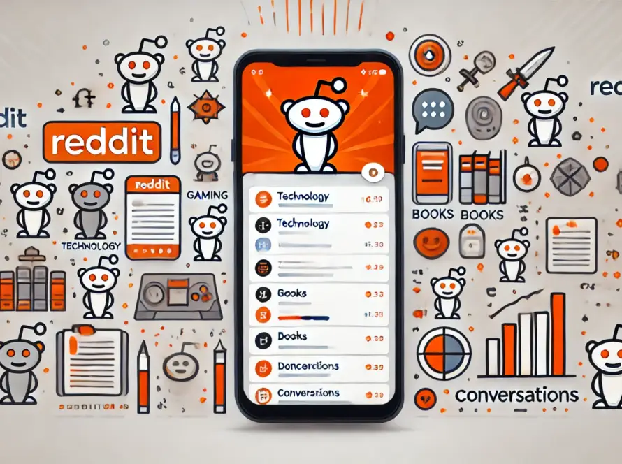 Illustration eines Smartphones mit Reddit-Inhalten, umgeben von thematischen Icons wie Gaming, Technologie und Büchern, die die Vielfalt der Plattform darstellen.