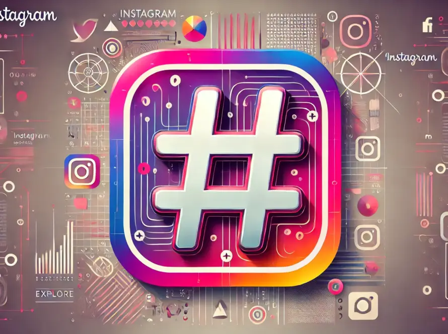 Illustration eines durchgestrichenen Hashtag-Symbols vor einem algorithmischen Hintergrund mit Instagram-Farben, das die Abschaffung der Hashtag-Following-Funktion darstellt