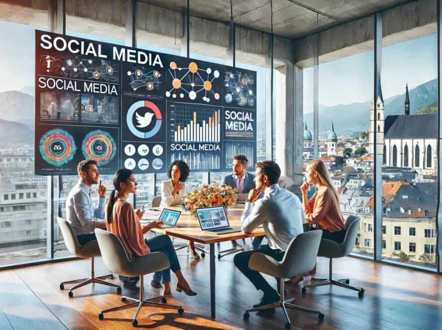 Modernes Büro einer Social Media Agentur in Klagenfurt, Österreich, mit einem Team, das Social Media Strategien entwickelt und Trends 2025 analysiert.