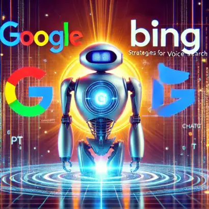 Visualisierung von SEO-Strategien, die Google, Bing und ChatGPT integrieren, mit Logos und einem glühenden Netzwerk-Hintergrund