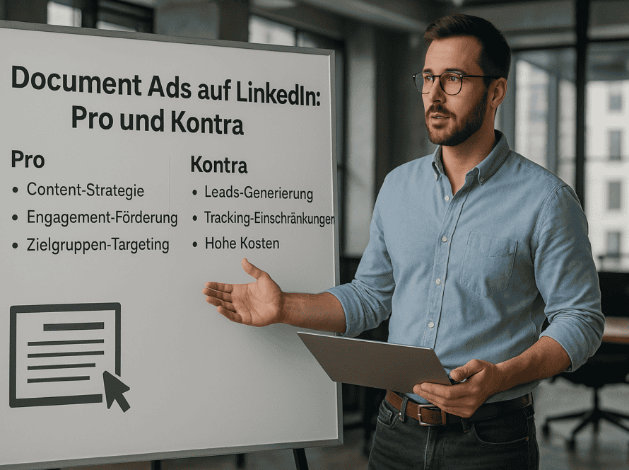 Mann in Casual-Outfit präsentiert auf Whiteboard die Vor- und Nachteile von LinkedIn Document Ads