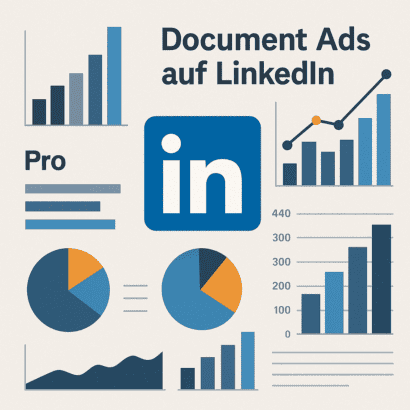 Infografik mit LinkedIn-Logo, Balkendiagrammen, Tortendiagrammen und Performance-Daten zu Document Ads