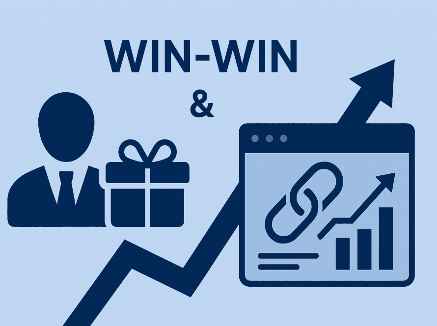 Illustration mit Geschenk-Symbol, Link-Icon und Wachstumspfeil als visuelle Darstellung von Bonusprogrammen zur Backlink-Generierung