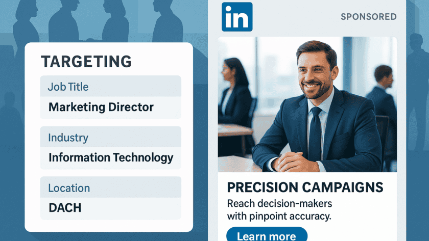 LinkedIn Ads Targeting Dashboard für B2B mit Zielgruppenfilter und Werbeanzeige