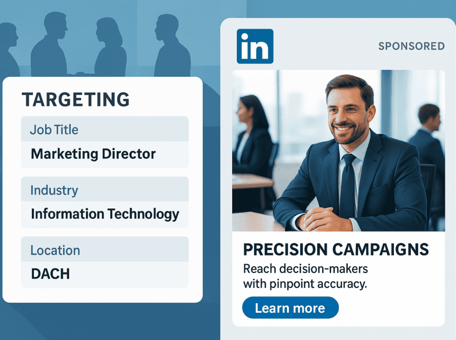 LinkedIn Ads Targeting Dashboard für B2B mit Zielgruppenfilter und Werbeanzeige