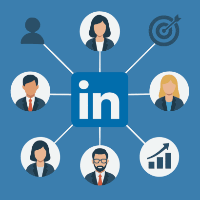 Geschäftsleute und Business-Icons vernetzt über LinkedIn in einer blauen Netzwerk-Illustration
