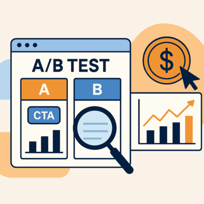 Flat-Design-Grafik zeigt A/B-Test-Szenario mit zwei Anzeigenvarianten und KPIs im PPC-Marketing