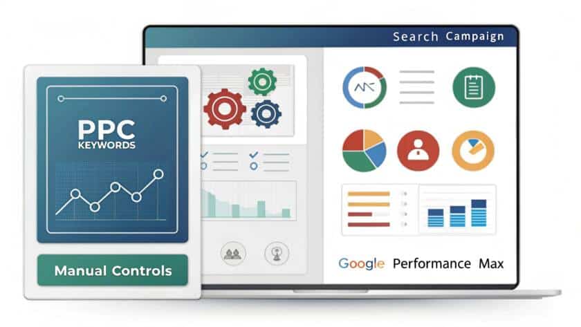 Visualisierung des Vergleichs zwischen klassischer PPC-Kampagne und Google Performance Max mit digitalem Dashboard und Kampagnenübersicht