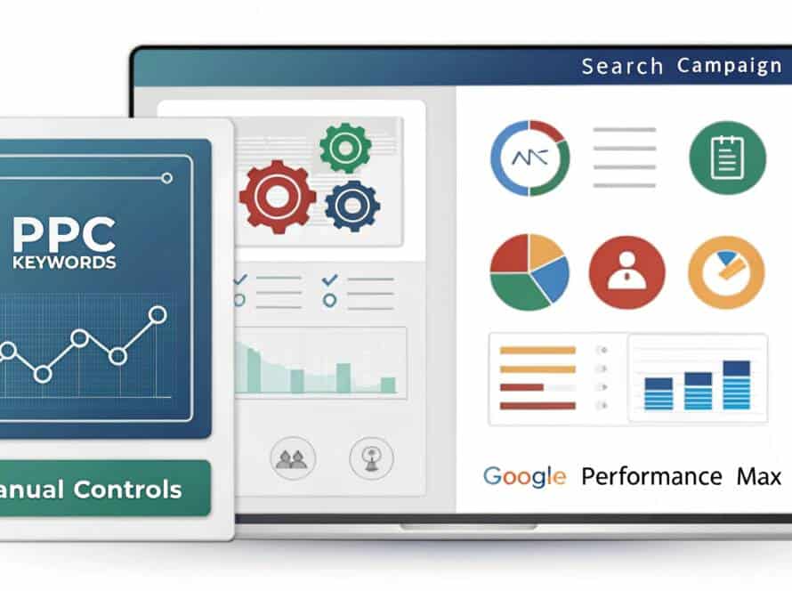 Visualisierung des Vergleichs zwischen klassischer PPC-Kampagne und Google Performance Max mit digitalem Dashboard und Kampagnenübersicht