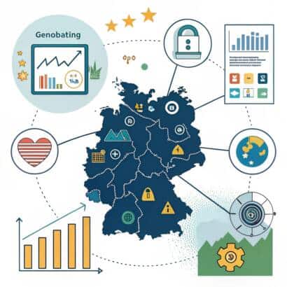  Karte von Deutschland, Österreich und der Schweiz mit Marketing-Datenpunkten, DSGVO-Symbolen und AI-Icons