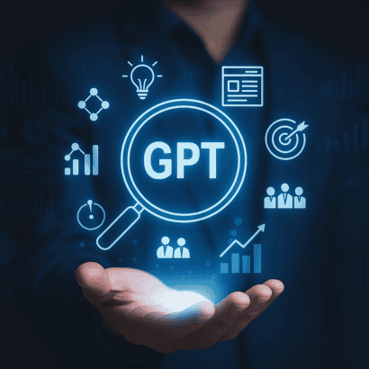Hand in dunklem Anzug hält ein digitales Hologramm mit dem Schriftzug „GPT“, umgeben von Symbolen für SEO, Zielgruppenanalyse und Sichtbarkeit
