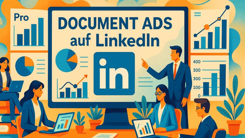 Infografik mit LinkedIn-Logo, Balkendiagrammen, Tortendiagrammen und Performance-Daten zu Document