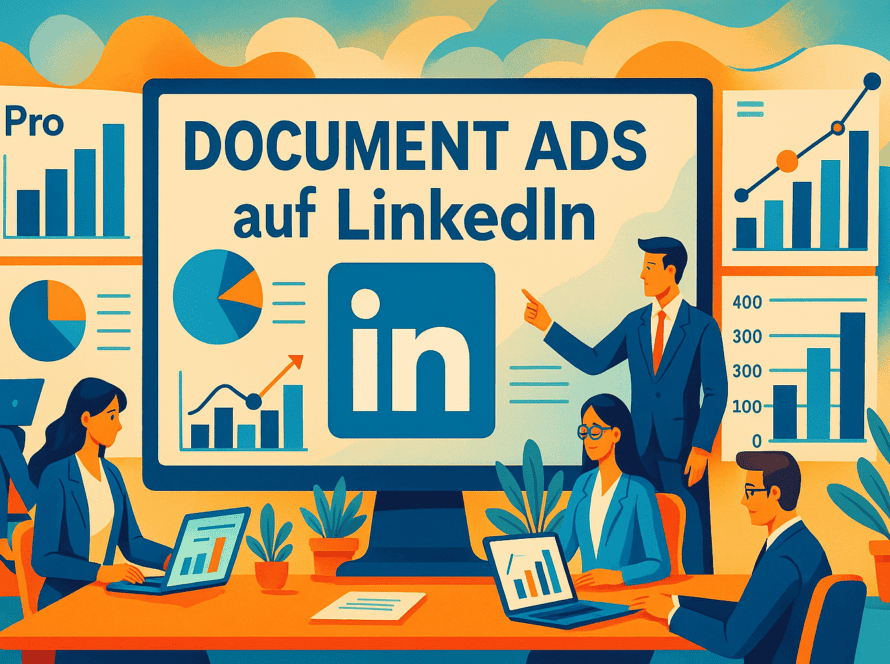 Infografik mit LinkedIn-Logo, Balkendiagrammen, Tortendiagrammen und Performance-Daten zu Document