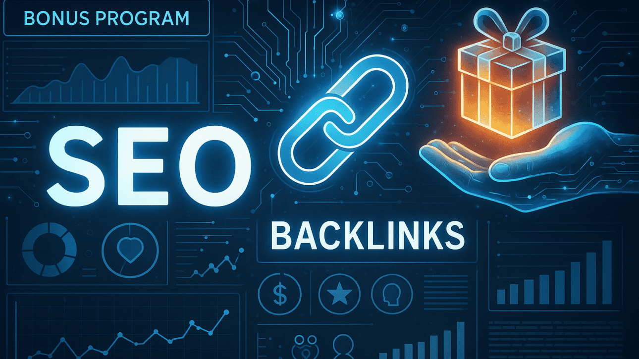 Illustration mit dem Schriftzug „SEO“, einem Geschenk-Symbol und einem digitalen Link-Icon, umgeben von Diagrammen und Datenvisualisierungen