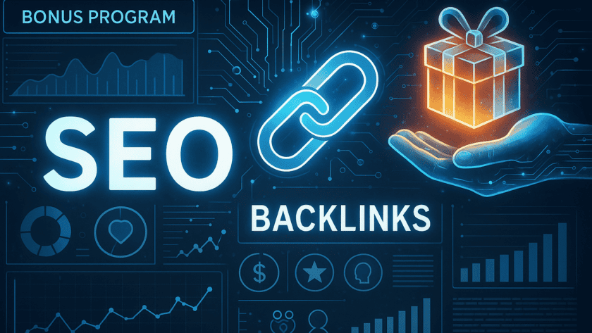 Illustration mit dem Schriftzug „SEO“, einem Geschenk-Symbol und einem digitalen Link-Icon, umgeben von Diagrammen und Datenvisualisierungen