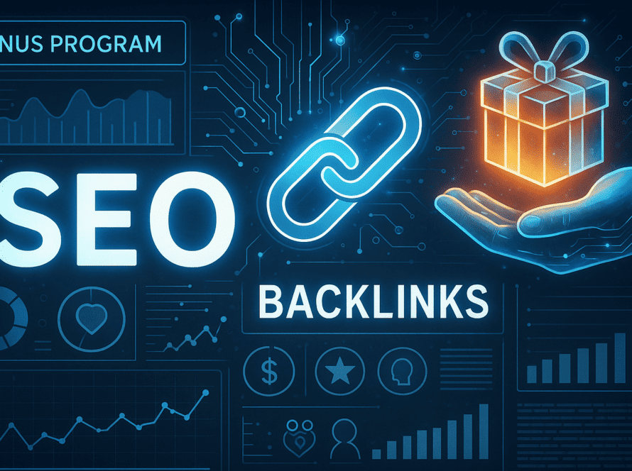 Illustration mit dem Schriftzug „SEO“, einem Geschenk-Symbol und einem digitalen Link-Icon, umgeben von Diagrammen und Datenvisualisierungen
