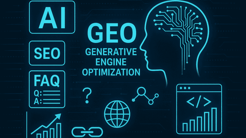 Digitale Darstellung eines menschlichen Kopfes mit neuronalen Schaltkreisen, SEO-Icons, Diagrammen und GEO-Elementen – symbolisiert die Optimierung von Inhalten für KI-Modelle