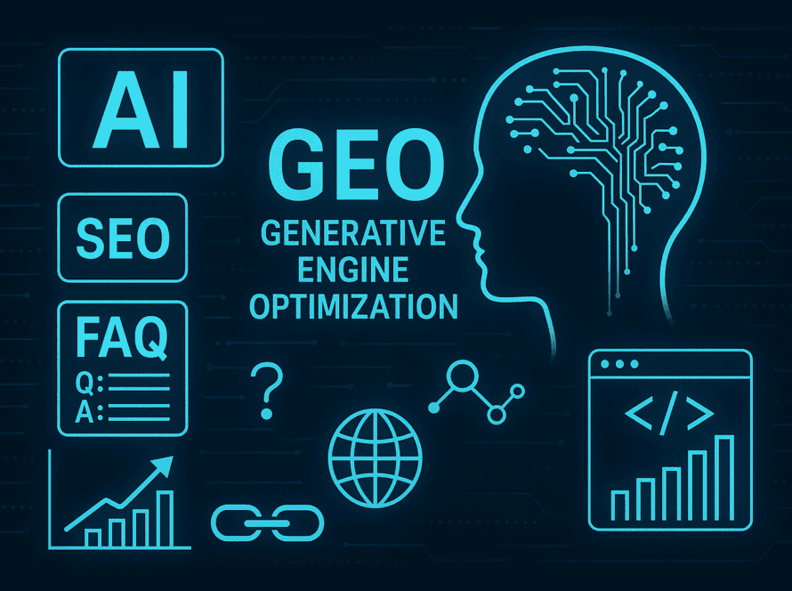 Digitale Darstellung eines menschlichen Kopfes mit neuronalen Schaltkreisen, SEO-Icons, Diagrammen und GEO-Elementen – symbolisiert die Optimierung von Inhalten für KI-Modelle