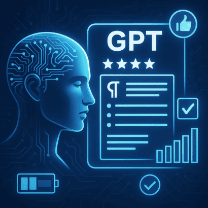 „Generative Engine Optimization (GEO), Digitale Illustration eines KI-Kopfes, der ein Dokument mit Bewertungen, Checklisten und Diagrammen analysiert – symbolisiert die Selbstprüfung durch GPT-Modelle
