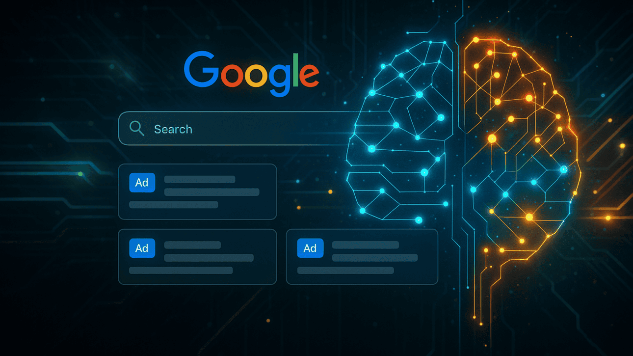 Ein futuristisches Interface, in dem Suchfelder oder Ad-Platzierungen von einem leuchtenden KI-Netzwerk (Neonlinien, Datenströme) umgeben sind.