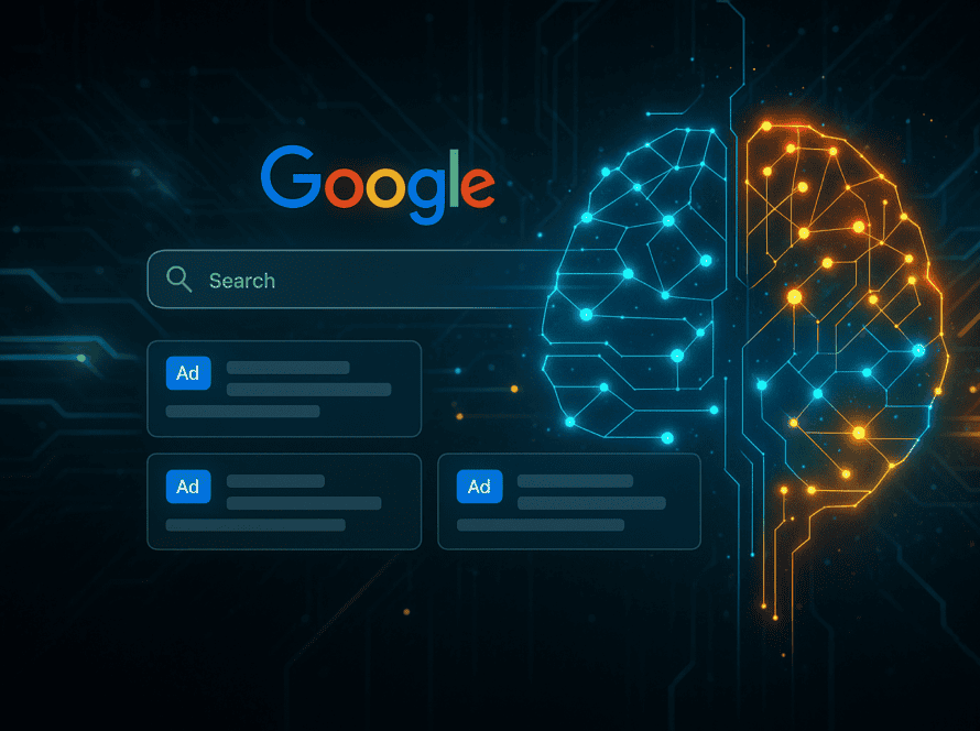 Ein futuristisches Interface, in dem Suchfelder oder Ad-Platzierungen von einem leuchtenden KI-Netzwerk (Neonlinien, Datenströme) umgeben sind.